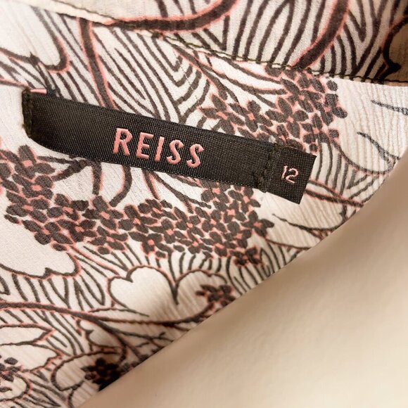 REISS Burgundy & Pink 100% Silk Japanese Floral Spring Flounce Blouse 12/ XS-S - Picture 3 of 8